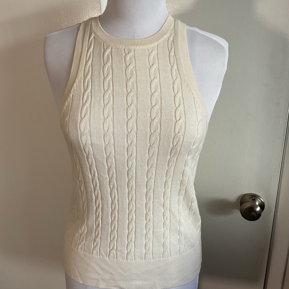 Banana Republic 100% Merino Wool Cable Knit Halter Top Cream Beige Medium - Picture 2 of 6